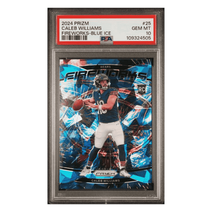 Caleb Williams PSA 10 2024 Panini Prizm Fireworks Blue Ice #d /99 Rookie RC Card #25