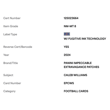 Caleb Williams PSA 8 2024 Panini Impeccable Extravagance Patch #d/ 49 Card #EPCWS