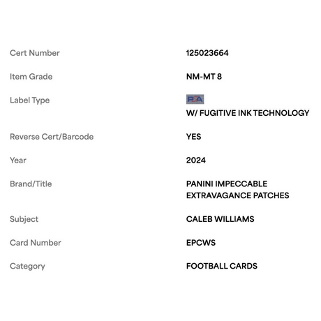 Caleb Williams PSA 8 2024 Panini Impeccable Extravagance Patch #d/ 49 Card #EPCWS