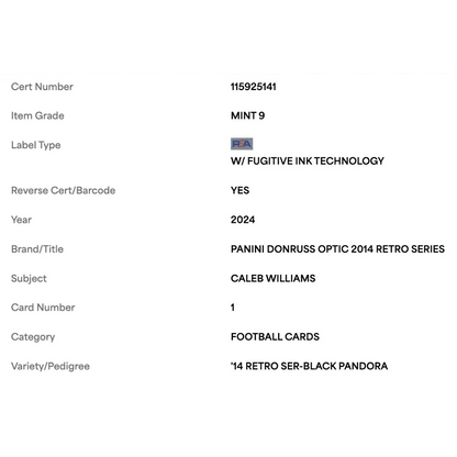 Caleb Williams PSA 9 2024 Panini Donruss Optic '14 Retro Series Black Pandora Rated Rookie #d/ 25 Card #1