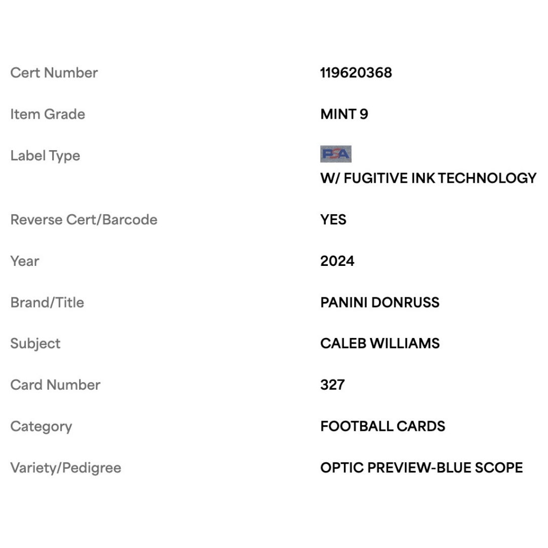 Caleb Williams PSA 9 2024 Panini Donruss Optic Preview Blue Scope Rated Rookie Card #327