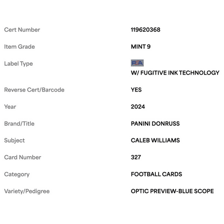 Caleb Williams PSA 9 2024 Panini Donruss Optic Preview Blue Scope Rated Rookie Card #327