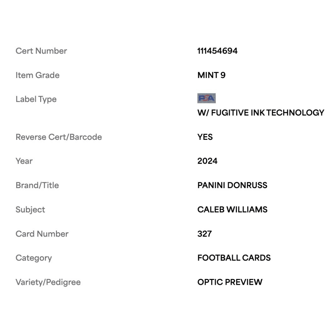 Caleb Williams PSA 9 2024 Panini Donruss Optic Preview Rated Rookie Card #327