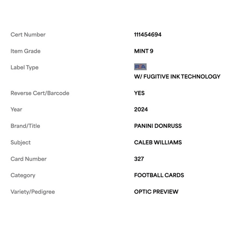 Caleb Williams PSA 9 2024 Panini Donruss Optic Preview Rated Rookie Card #327