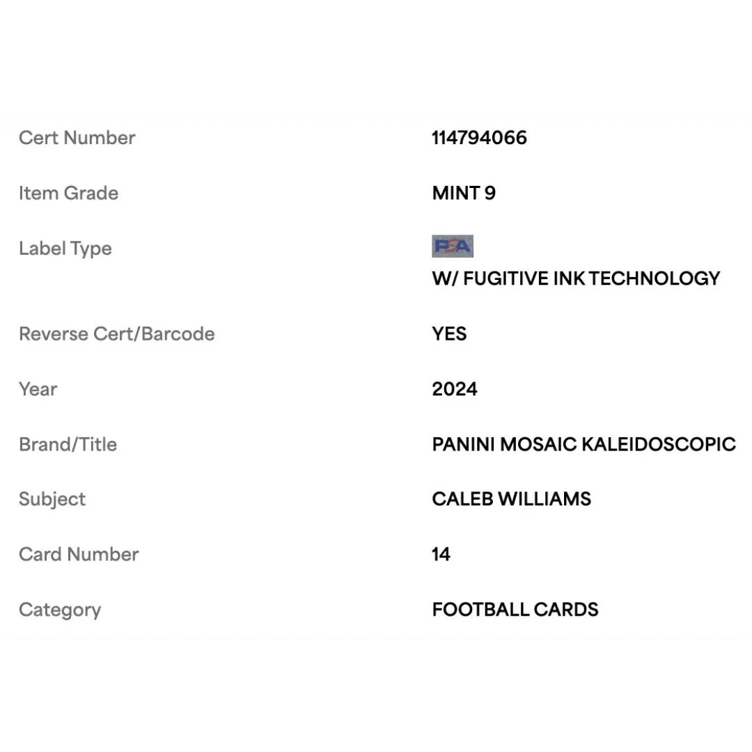 Caleb Williams PSA 9 2024 Panini Mosaic Kaleidoscopic Rookie RC Card #14