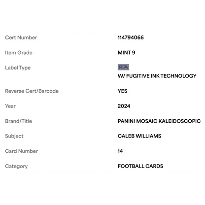 Caleb Williams PSA 9 2024 Panini Mosaic Kaleidoscopic Rookie RC Card #14