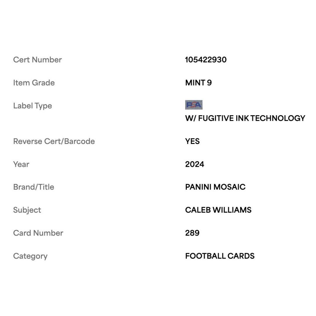 Caleb Williams PSA 9 2024 Panini Mosaic Rookie RC Card #289