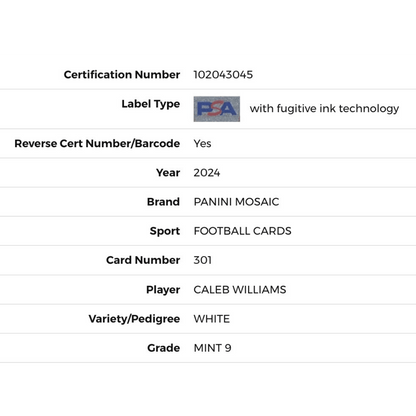 Caleb Williams PSA 9 2024 Panini Mosaic White Rookie RC #D/25 Card #301