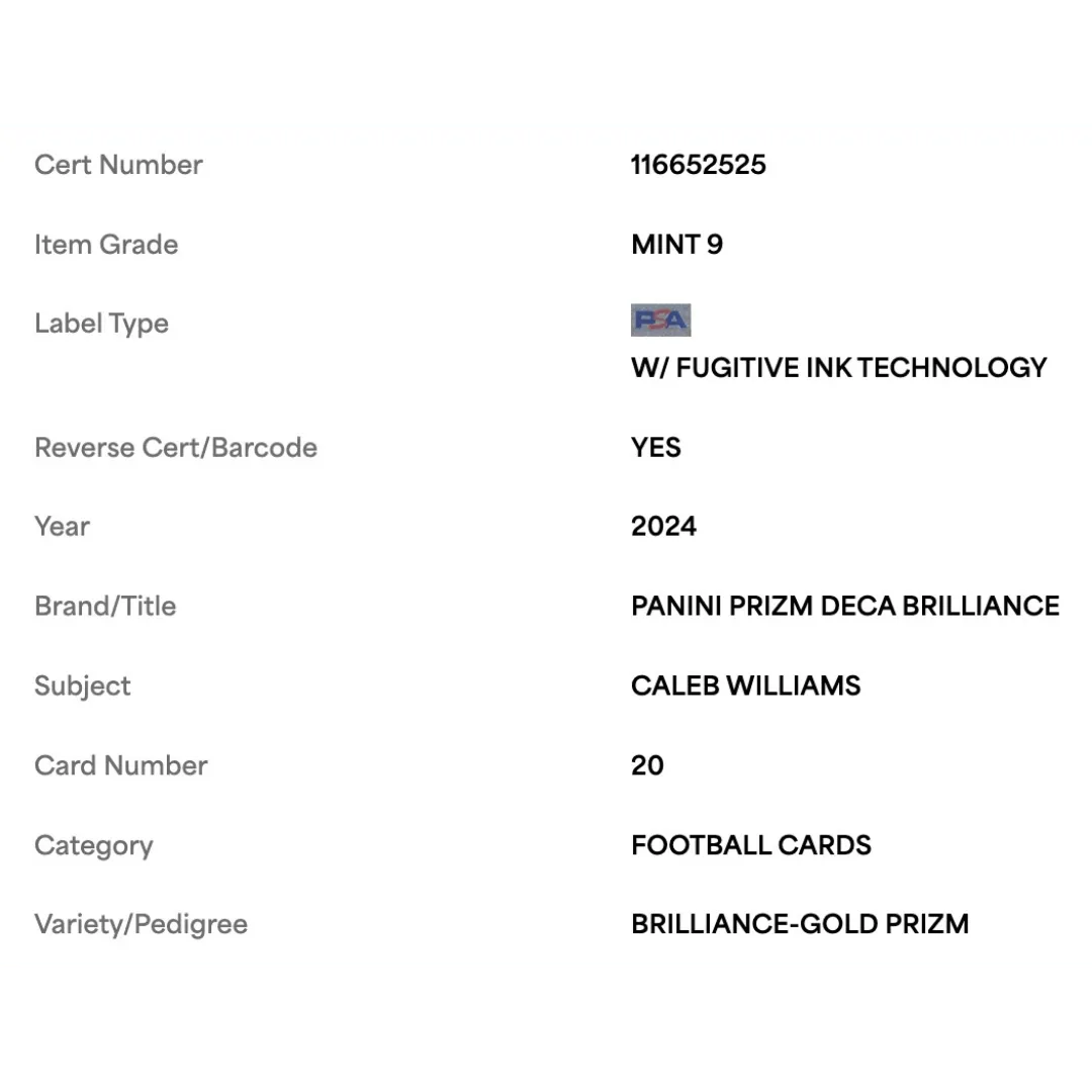 Caleb Williams PSA 9 2024 Panini Prizm Deca Brilliance Gold Prizm #d/ 10 Card #20