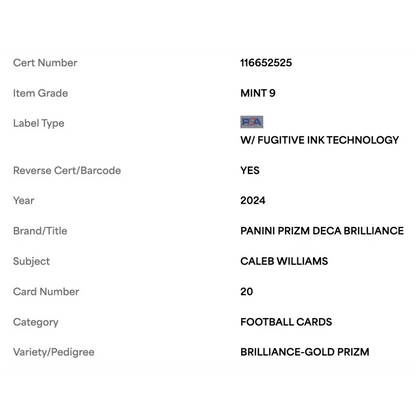 Caleb Williams PSA 9 2024 Panini Prizm Deca Brilliance Gold Prizm #d/ 10 Card #20