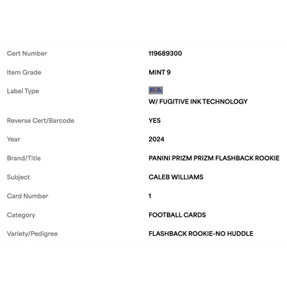 Caleb Williams PSA 9 2024 Panini Prizm Flashback Rookie No Huddle Card #1