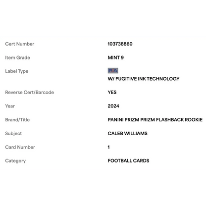 Caleb Williams PSA 9 2024 Panini Prizm Flashback Rookie RC Card #1