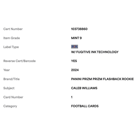 Caleb Williams PSA 9 2024 Panini Prizm Flashback Rookie RC Card #1