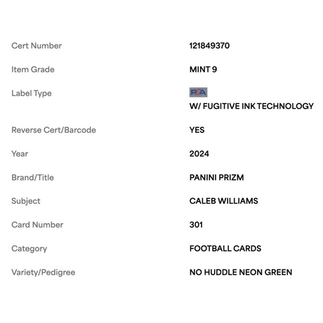 Caleb Williams PSA 9 2024 Panini Prizm No Huddle Neon Green #d/10 Card #301