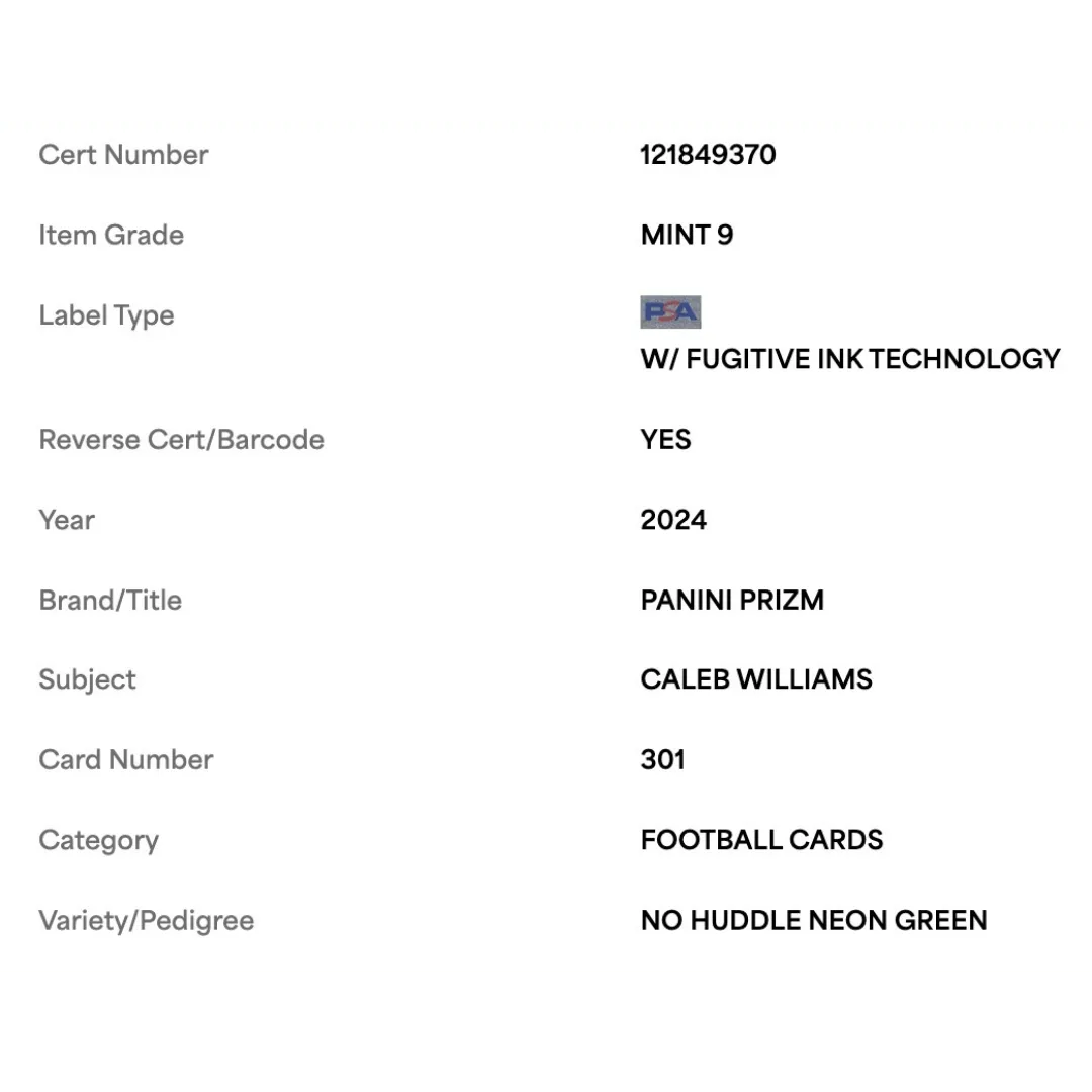 Caleb Williams PSA 9 2024 Panini Prizm No Huddle Neon Green #d/10 Card #301