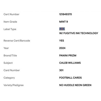 Caleb Williams PSA 9 2024 Panini Prizm No Huddle Neon Green #d/10 Card #301