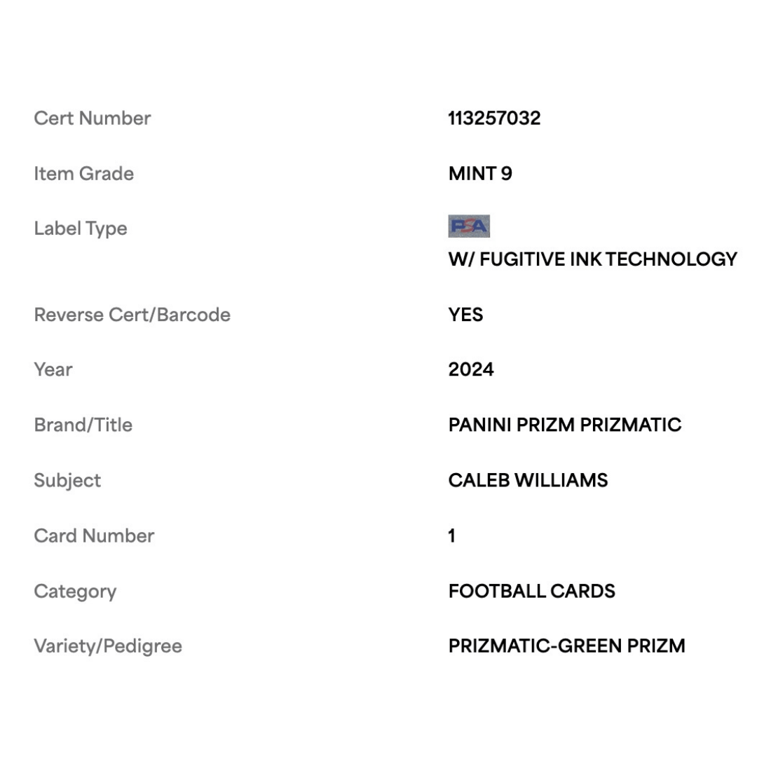 Caleb Williams PSA 9 2024 Panini Prizm Prizmatic Green Prizm Rookie RC Card #1