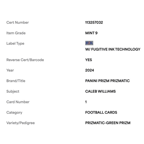 Caleb Williams PSA 9 2024 Panini Prizm Prizmatic Green Prizm Rookie RC Card #1
