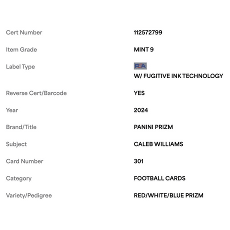 Caleb Williams PSA 9 2024 Panini Prizm Red White Blue Rookie RC Card #301