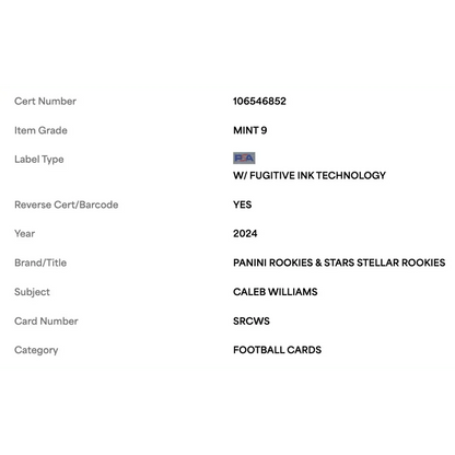 Caleb Williams PSA 9 2024 Panini Rookies & Stars Stellar Rookies Card #SRCWS