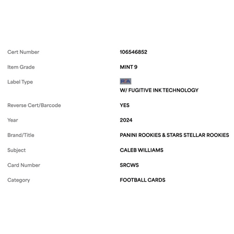 Caleb Williams PSA 9 2024 Panini Rookies & Stars Stellar Rookies Card #SRCWS