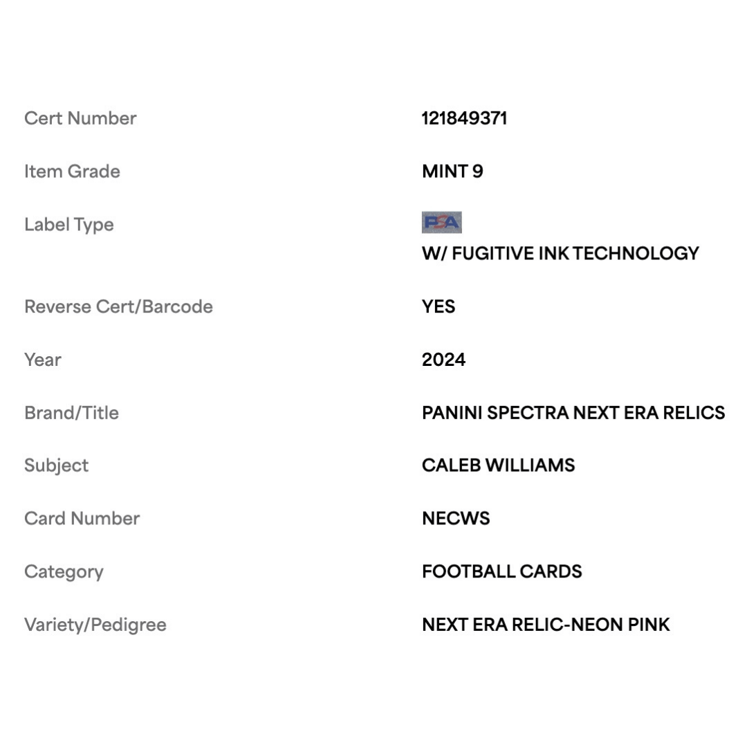 Caleb Williams PSA 9 2024 Panini Spectra Next Era Relic Patch Neon Pink Rookie RC #d/15 Card #NECWS