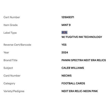 Caleb Williams PSA 9 2024 Panini Spectra Next Era Relic Patch Neon Pink Rookie RC #d/15 Card #NECWS