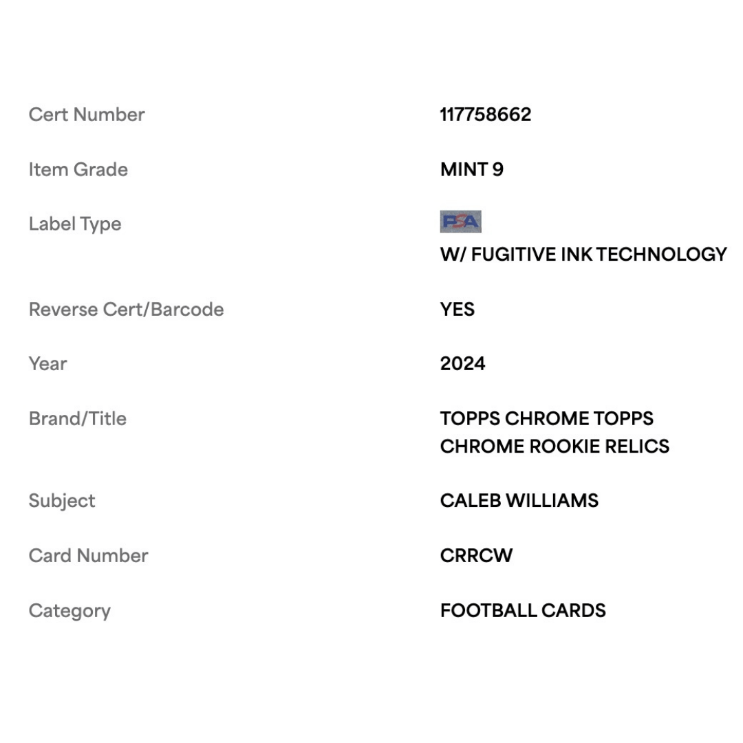 Caleb Williams PSA 9 2024 Topps Chrome Rookie Relic Card #CRRCW
