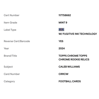 Caleb Williams PSA 9 2024 Topps Chrome Rookie Relic Card #CRRCW