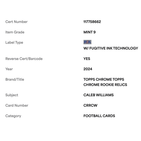 Caleb Williams PSA 9 2024 Topps Chrome Rookie Relic Card #CRRCW
