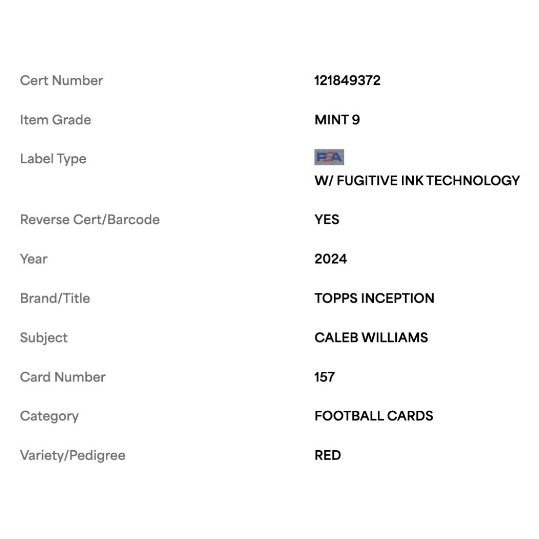 Caleb Williams PSA 9 2024 Topps Inception Red #d/75 Card #157