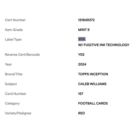 Caleb Williams PSA 9 2024 Topps Inception Red #d/75 Card #157
