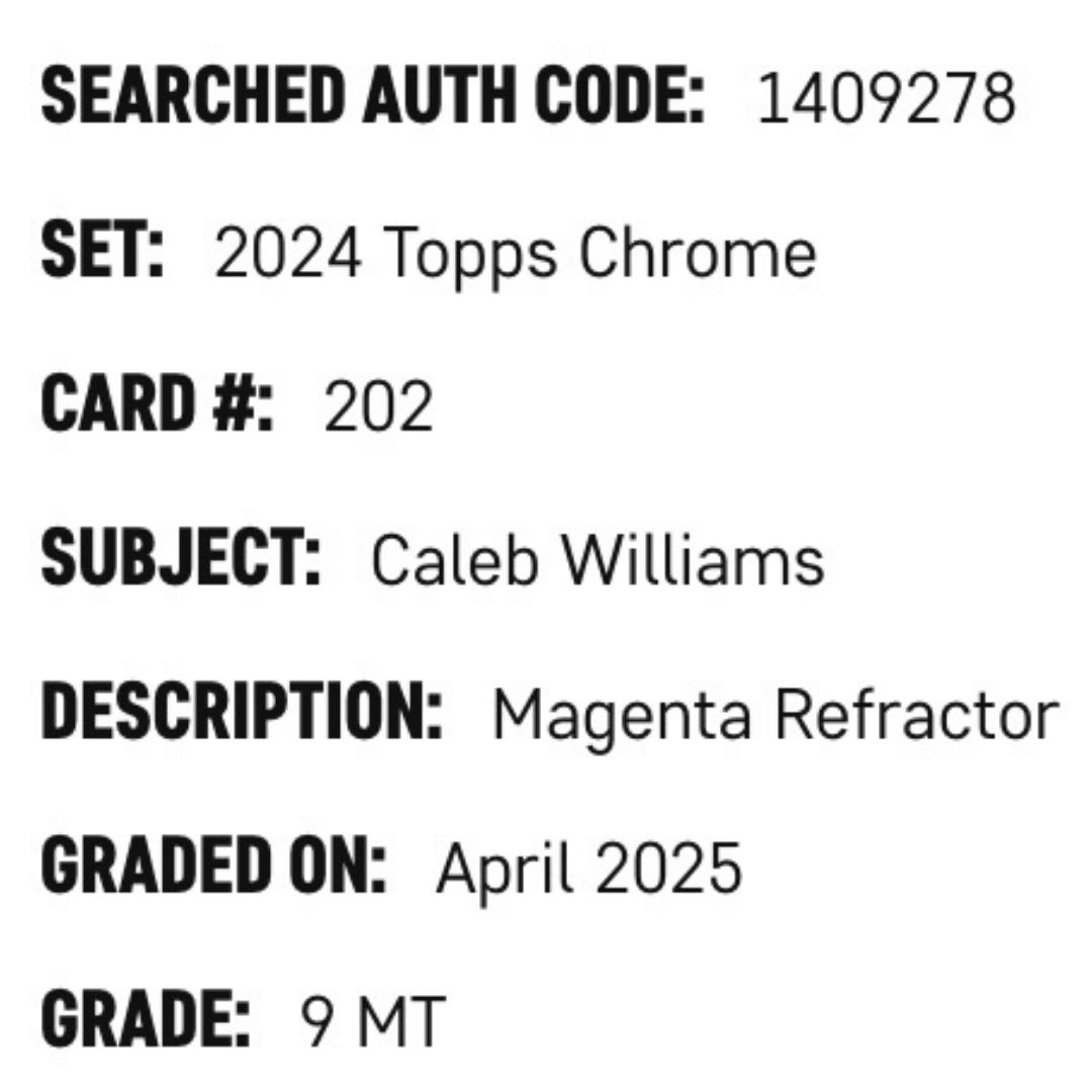 Caleb Williams SGC 9 2024 Topps Chrome Magenta Refractor #d/ 399 Card #202