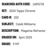 Caleb Williams SGC 9 2024 Topps Chrome Magenta Refractor #d/ 399 Card #202