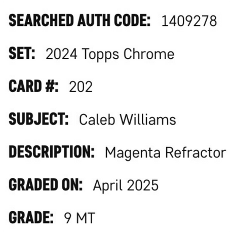 Caleb Williams SGC 9 2024 Topps Chrome Magenta Refractor #d/ 399 Card #202