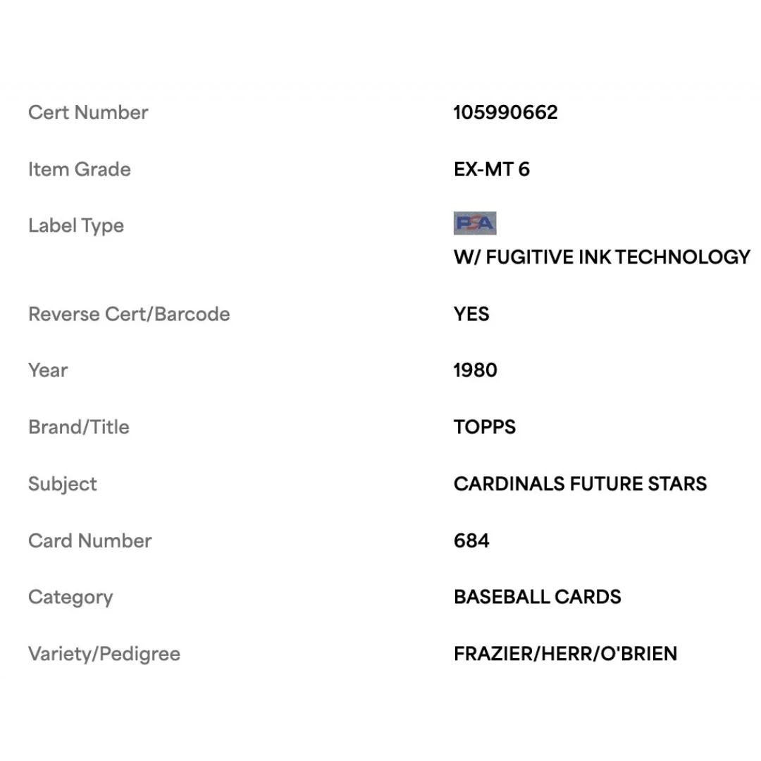 Cardinals Future Stars PSA 6 1980 Topps Frazier/ Herr/ O'Brien Card #684