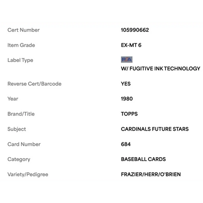 Cardinals Future Stars PSA 6 1980 Topps Frazier/ Herr/ O'Brien Card #684