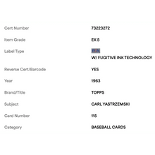 Carl Yastrzemski PSA 5 1963 Topps Card #115