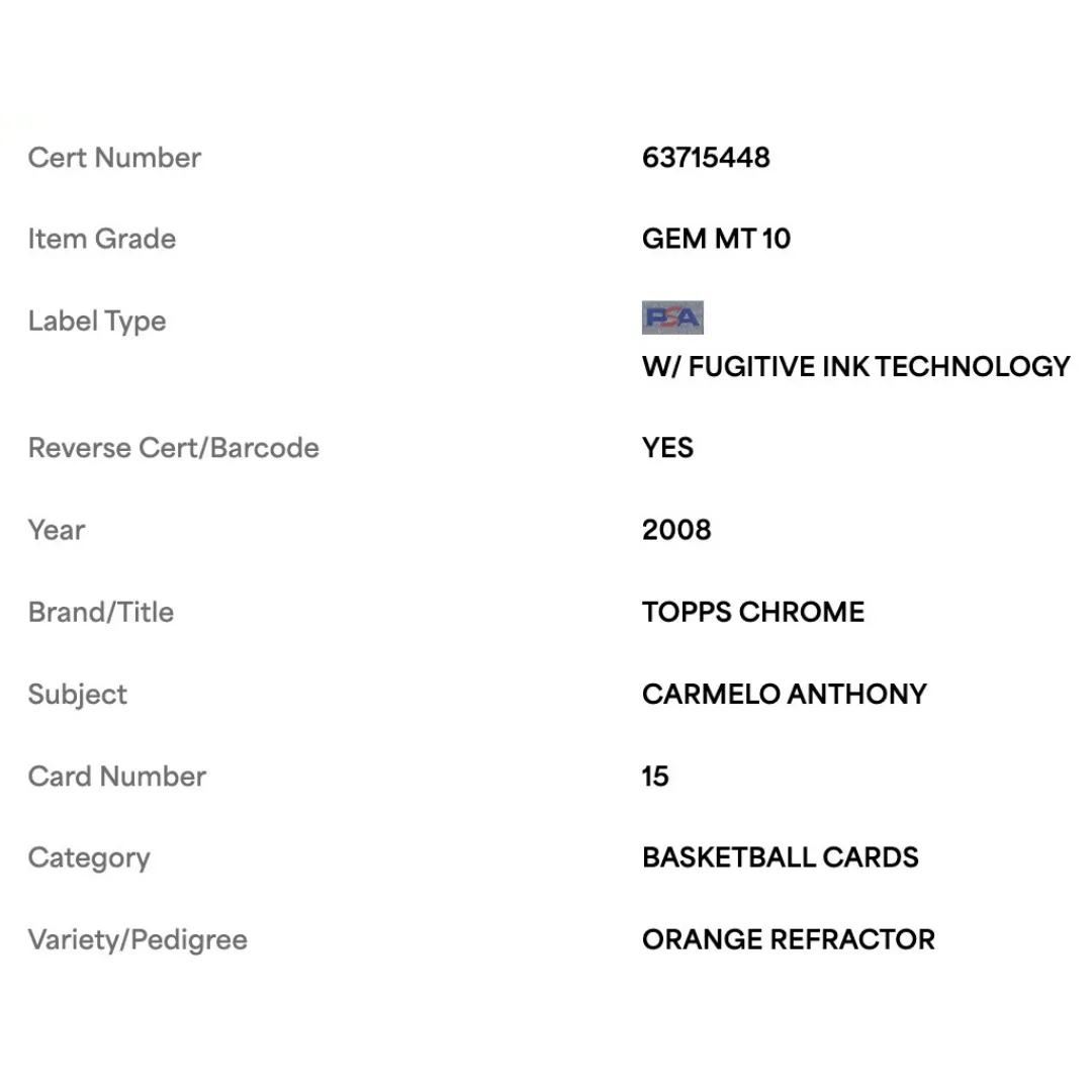 Carmelo Anthony PSA 10 2008 Topps Chrome Orange Refractor #d/ 499 Card #15