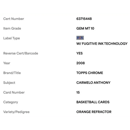 Carmelo Anthony PSA 10 2008 Topps Chrome Orange Refractor #d/ 499 Card #15