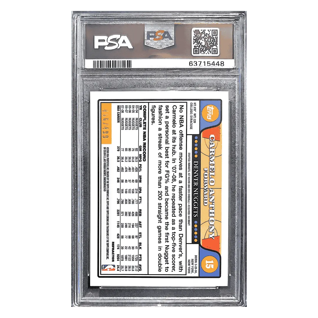 Carmelo Anthony PSA 10 2008 Topps Chrome Orange Refractor #d/ 499 Card #15