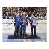 Carpenter / Freese / La Russa Triple Autographed Blues Puck Drop 16x20 Photo - JSA & MLB COA