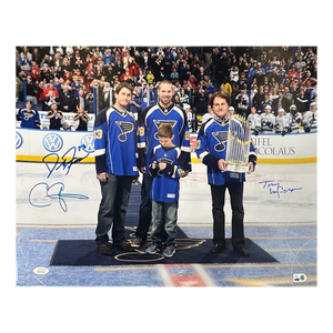 Carpenter / Freese / La Russa Triple Autographed Blues Puck Drop 16x20 Photo - JSA & MLB COA