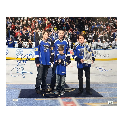 Carpenter / Freese / La Russa Triple Autographed Blues Puck Drop 16x20 Photo - JSA & MLB COA