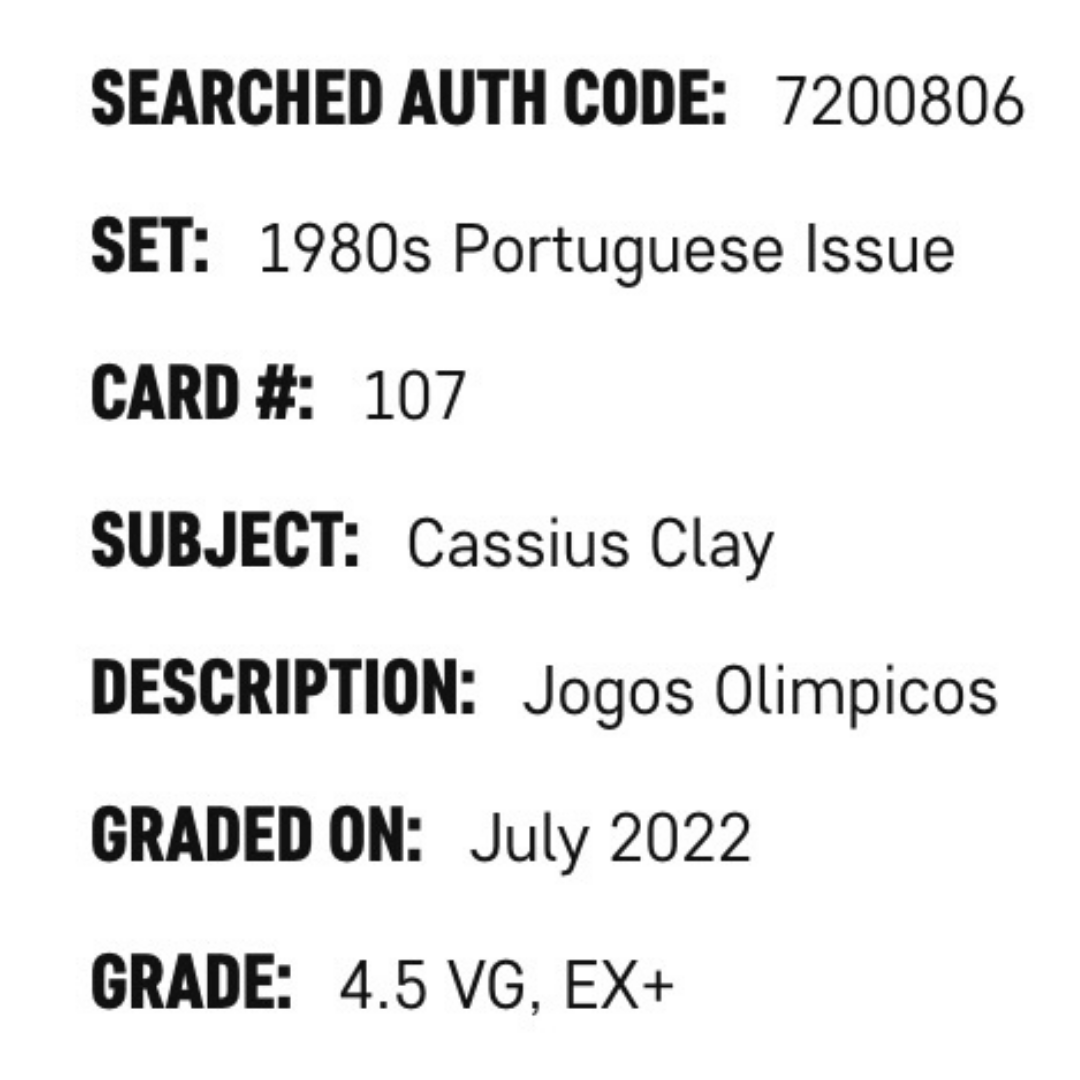 Cassius Clay SGC 4.5 1980's Portuguese Issue Jogos Olimpicous Card #107