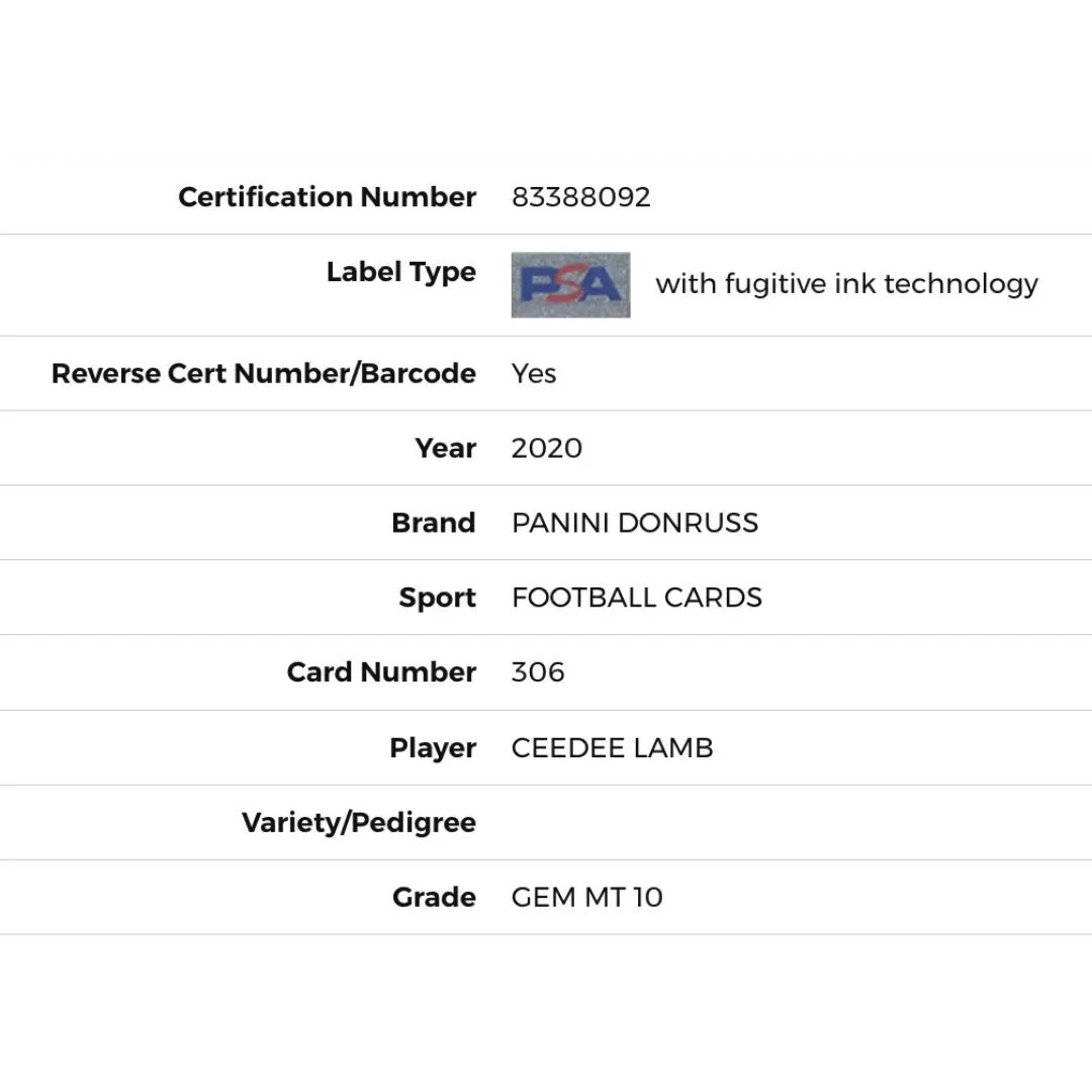 CeeDee Lamb PSA 10 2020 Panini Donruss Rated Rookie Card #306