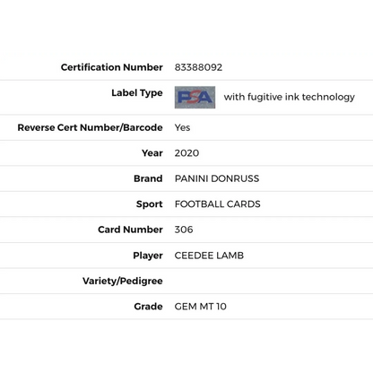 CeeDee Lamb PSA 10 2020 Panini Donruss Rated Rookie Card #306