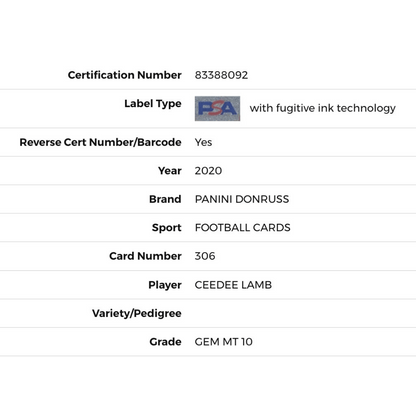 CeeDee Lamb PSA 10 2020 Panini Donruss Rated Rookie Card #306
