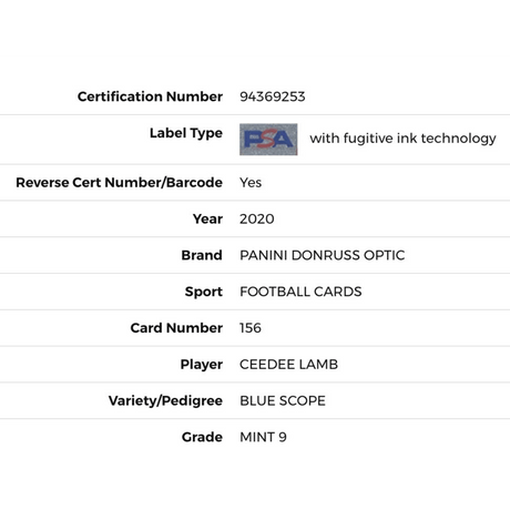 CeeDee Lamb PSA 9 2020 Panini Donruss Optic Blue Scope Rated Rookie Card #156
