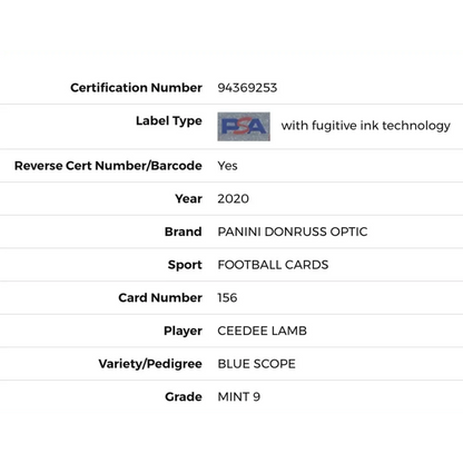 CeeDee Lamb PSA 9 2020 Panini Donruss Optic Blue Scope Rated Rookie Card #156